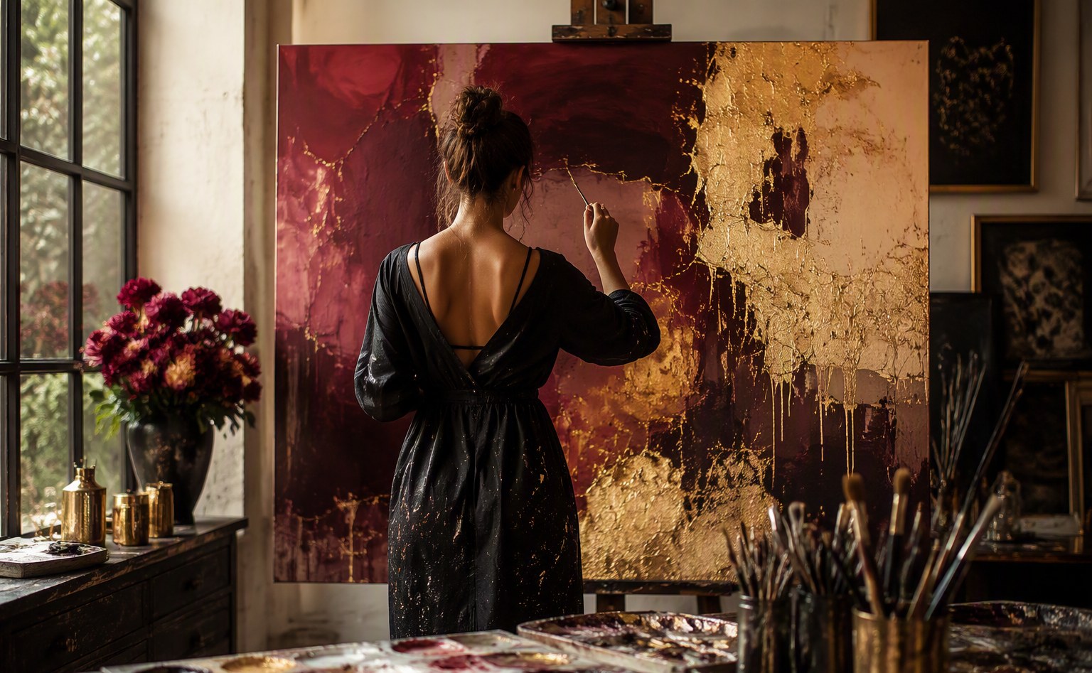 Maryam painting in her atelier